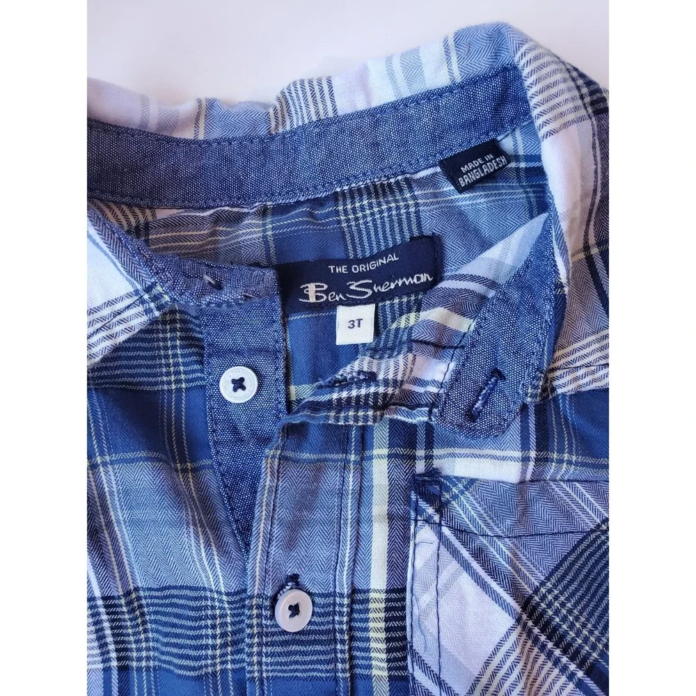 Ben Sherman Boys Plaid Long Sleeve Button Down Shirt Size 3t Blue And White